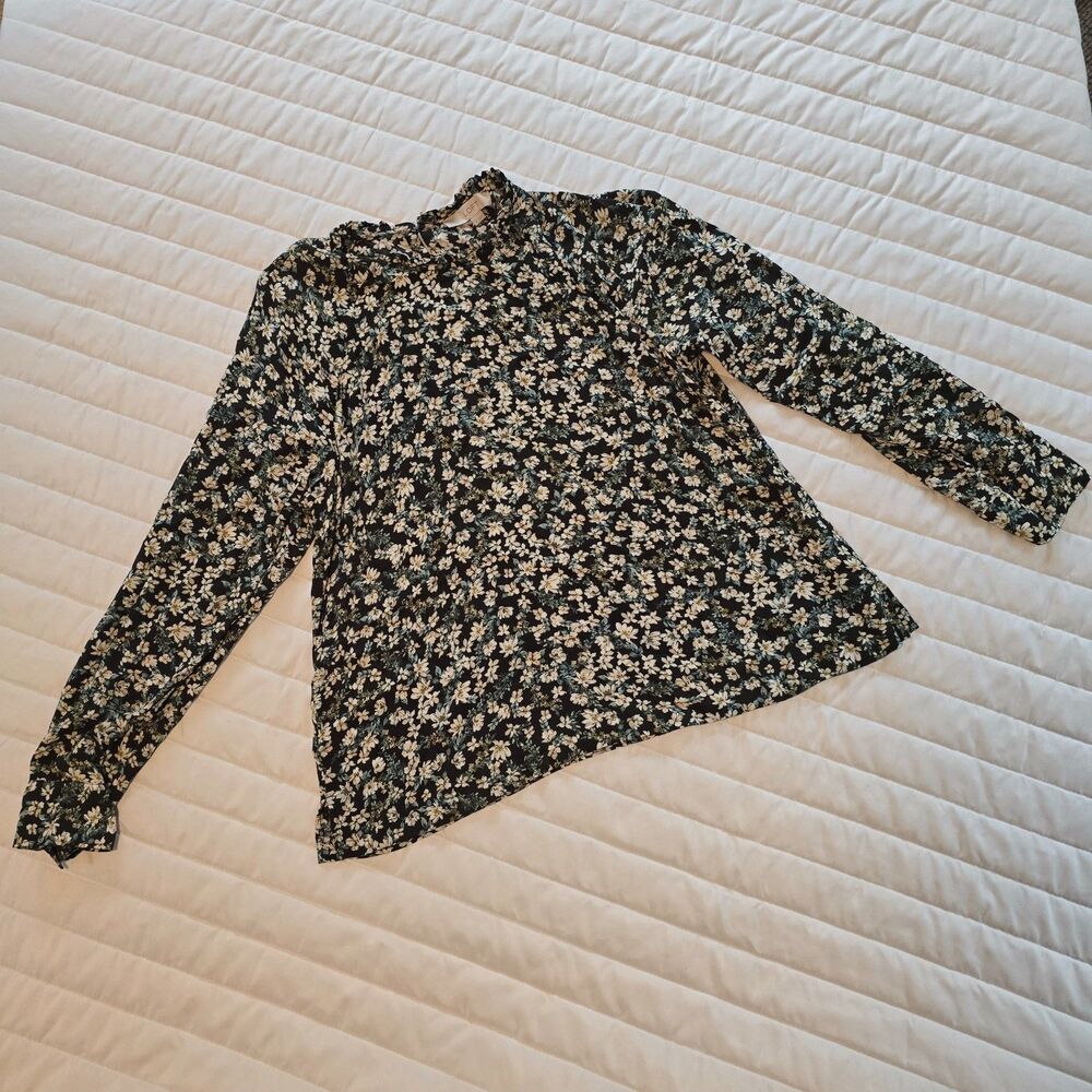 LOFT Floral Blouse Women’s M Black Multi Floral Long Sleeve Top